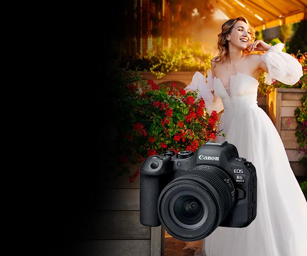 Canon EOS R6 Mark II with a summer bride in the background