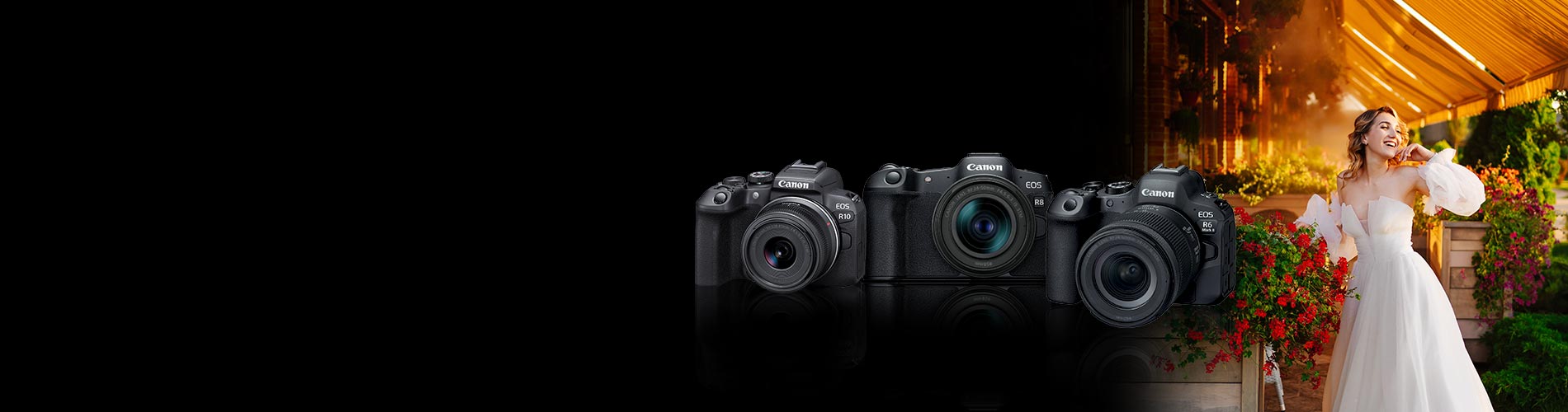 Canon mirrorless cameras with a summer bride in the background